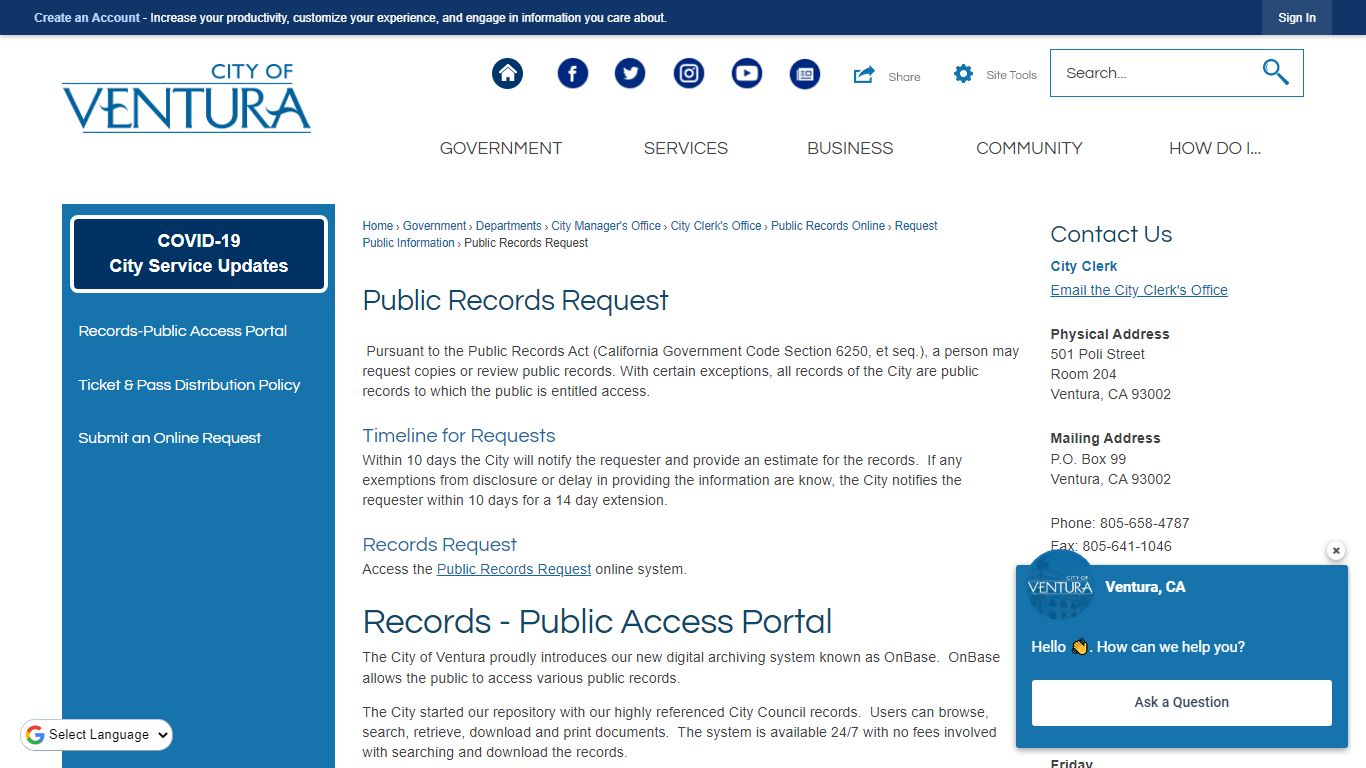 Public Records Request | Ventura, CA - California